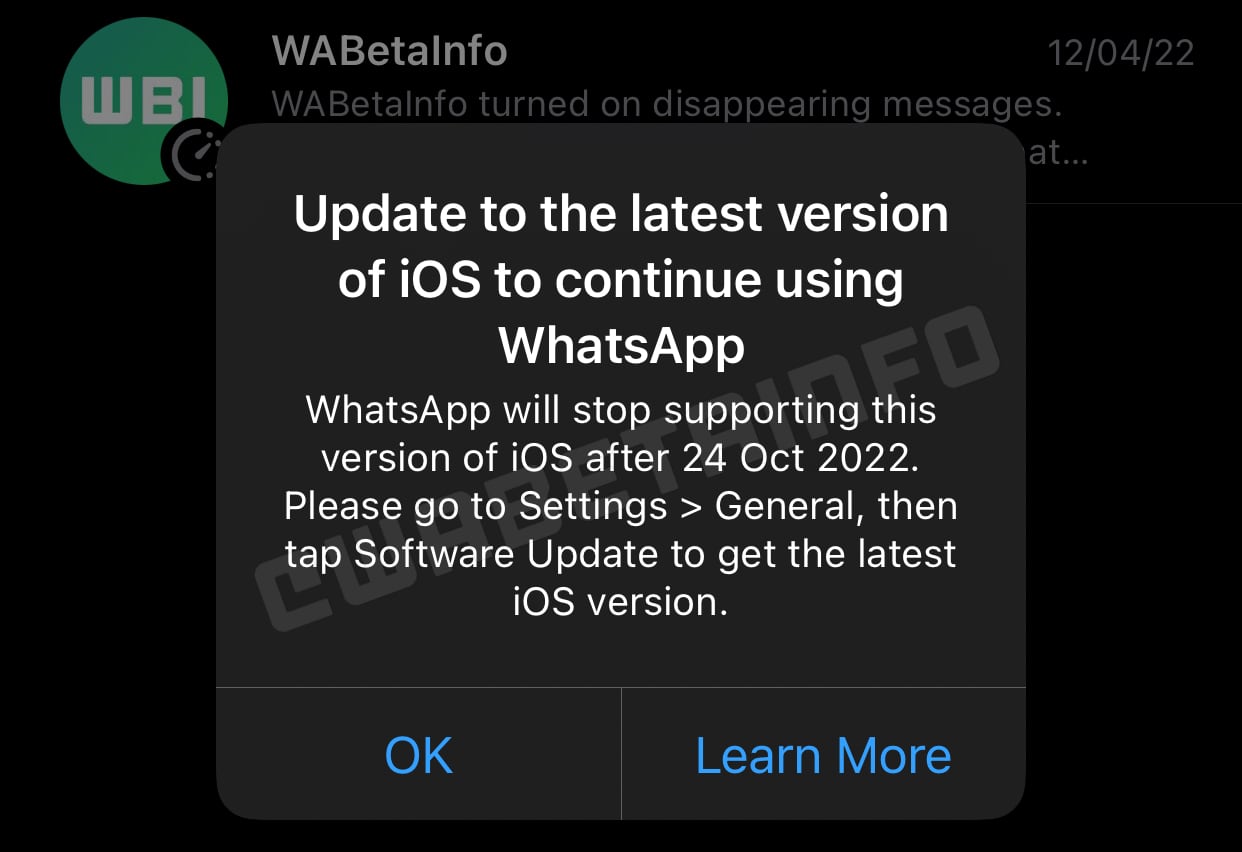 WhatsApp and end of support for iOS 10 and iOS 11