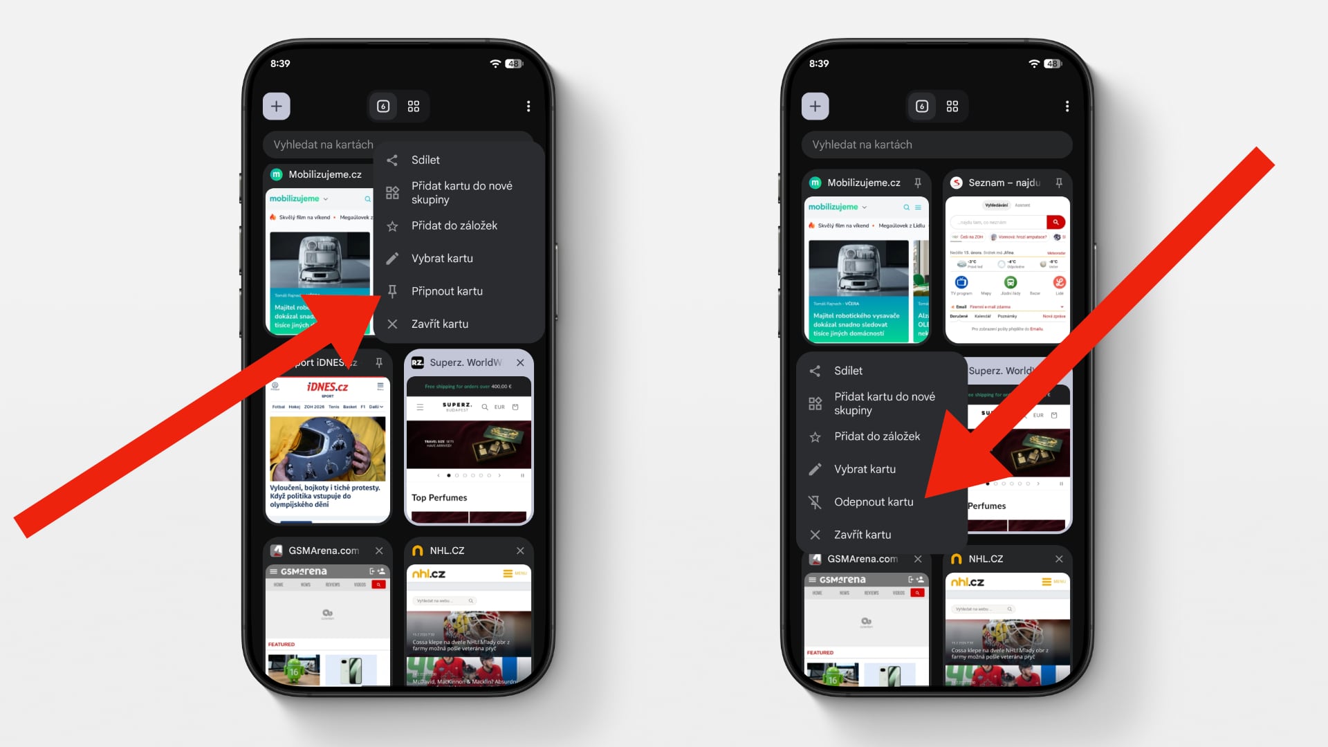 Připnutí karty v mobilním prohlížeči Google Chrome | Zdroj: Ondřej Koníček